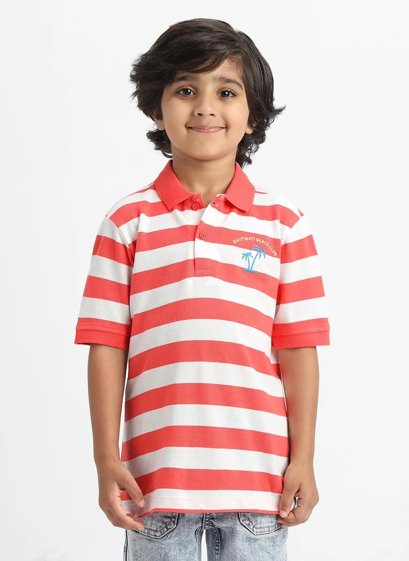 Nautinati Nautinati Red Striped Cotton Polo T-shirt for Boys