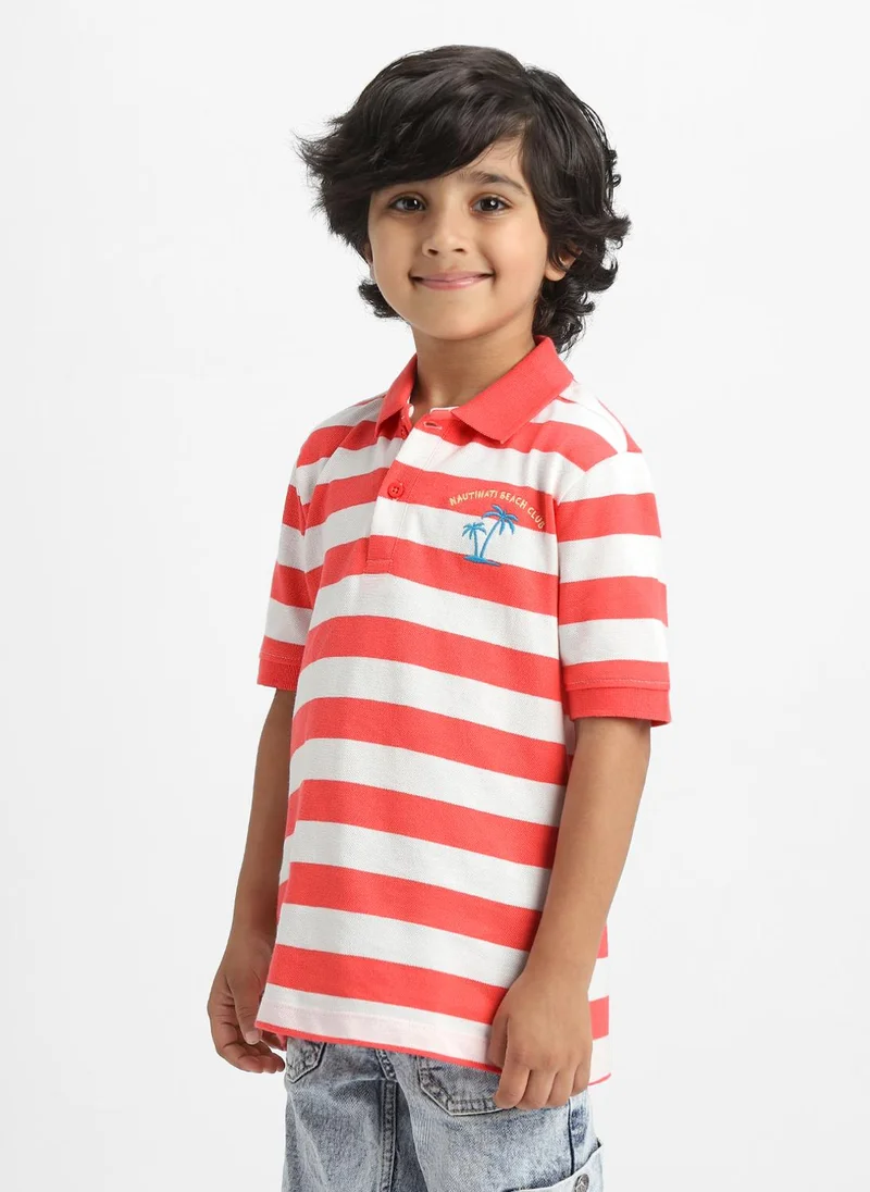 Nautinati Nautinati Red Striped Cotton Polo T-shirt for Boys