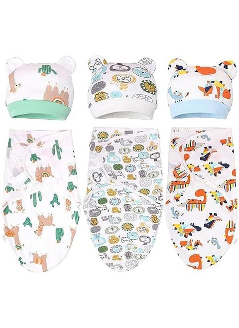 3Pcs Delicate Knitted Baby Swaddle Set with Cute Hat for 0-3 Months, Ultra-Soft, Comfortable, and Lightweight Cotton Infant Swaddle Wrap (Alpaca & Dinosaur & Animal world)