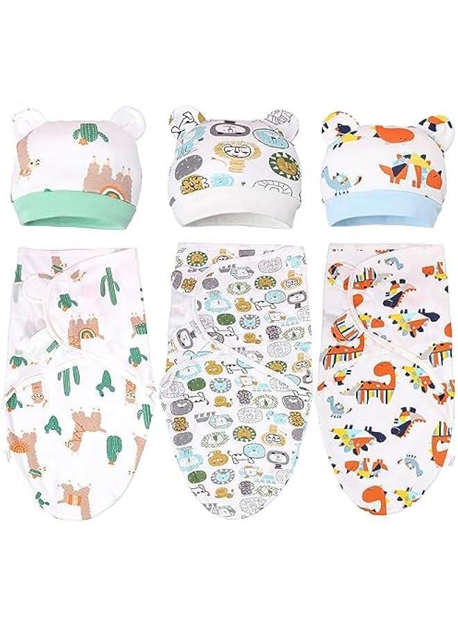 3Pcs Delicate Knitted Baby Swaddle Set with Cute Hat for 0-3 Months, Ultra-Soft, Comfortable, and Lightweight Cotton Infant Swaddle Wrap (Alpaca & Dinosaur & Animal world)