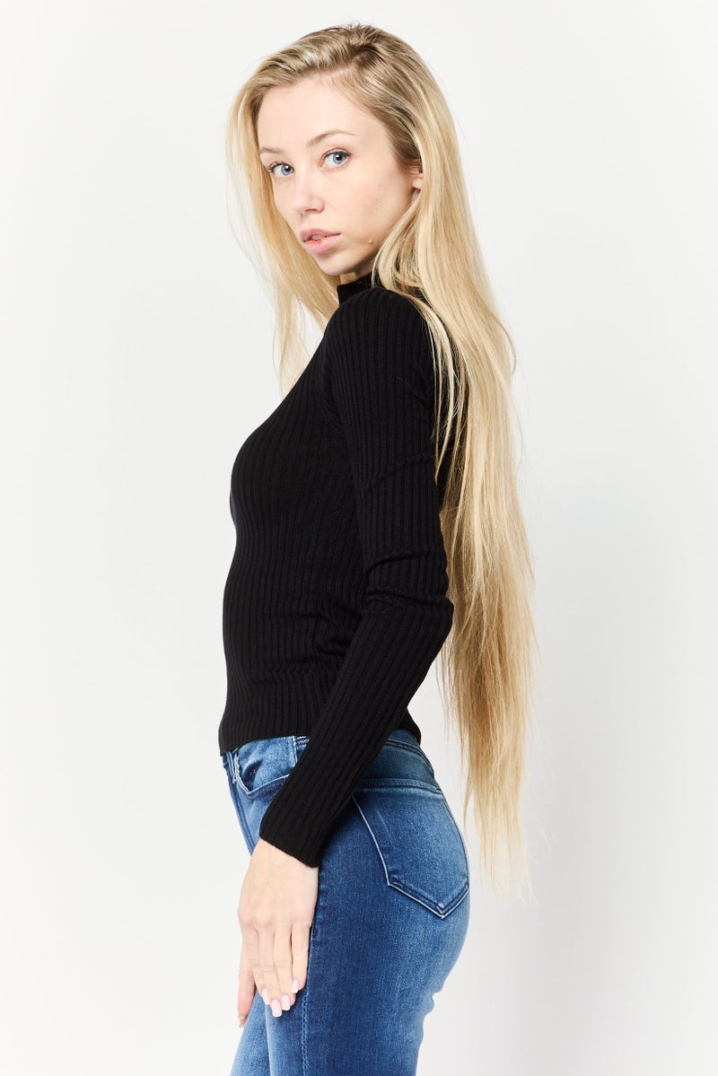 DeFacto Women Turtle  Neck One Shoulder Sleeves Knitted Top, Black - Image 3