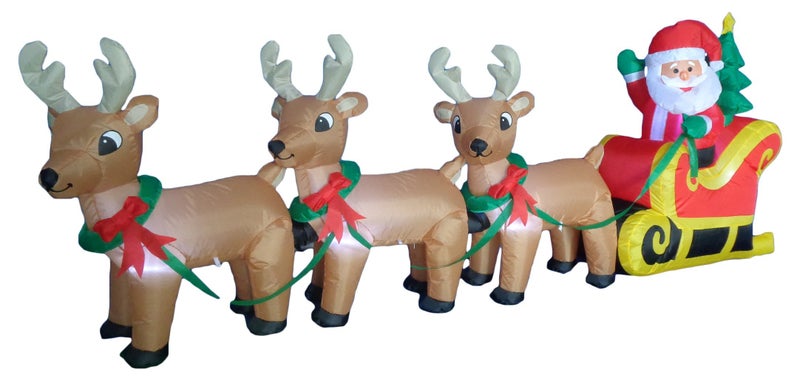 BZB Goods 8 Foot Long Christmas Inflatable Santa on Sleigh with 3 Reindeer and Christmas Tree Yard Decoration