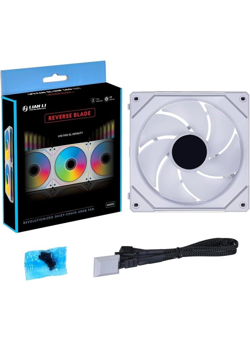 LIAN LI UNI FAN SL-Infinity Reverse 140mm ARGB PWM Case Fan, 1600RPM, 71.6CFM Airflow, 2.95mmH₂O Static Pressure, Infinity Mirror RGB, Fluid Dynamic Bearing, Modular Daisy-Chain, L-Connect 3 Compatible, White | 14RSLIN1W - Image 1