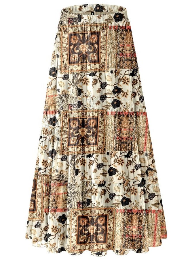 NiPaMi Women's Chiffon White Flowy Maxi Skirts Boho Fall Elastic Waisted Pleated A Line Long Skirt for Women 2025, Brown Floral Square-83, L - Image 1