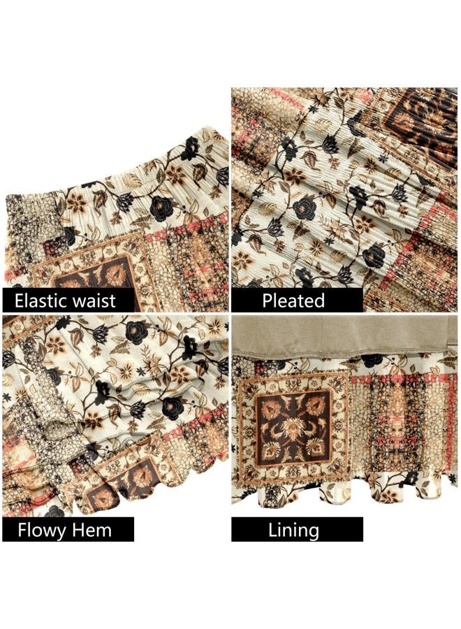 NiPaMi Women's Chiffon White Flowy Maxi Skirts Boho Fall Elastic Waisted Pleated A Line Long Skirt for Women 2025, Brown Floral Square-83, L - Image 5