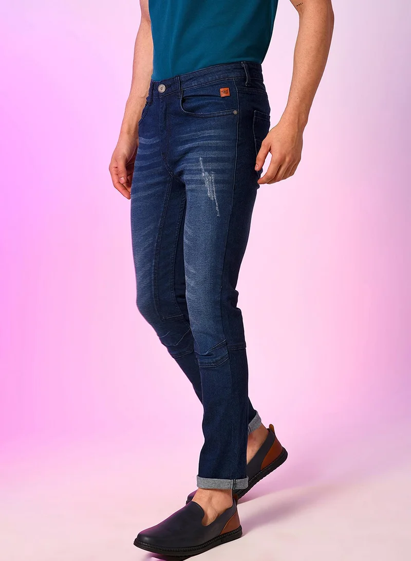 كامبوس سوترا جينز سكيني رجالي أزرق داكن مغسول بتصميم ممزق