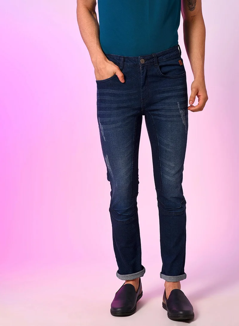 كامبوس سوترا جينز سكيني رجالي أزرق داكن مغسول بتصميم ممزق