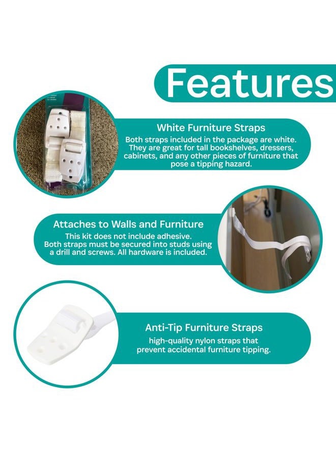Kidco Anti-Tip Furniture Straps - Anti Tip Safety Straps, TV & Furniture Straps for Child Safety, Two Pack, White - Image 3