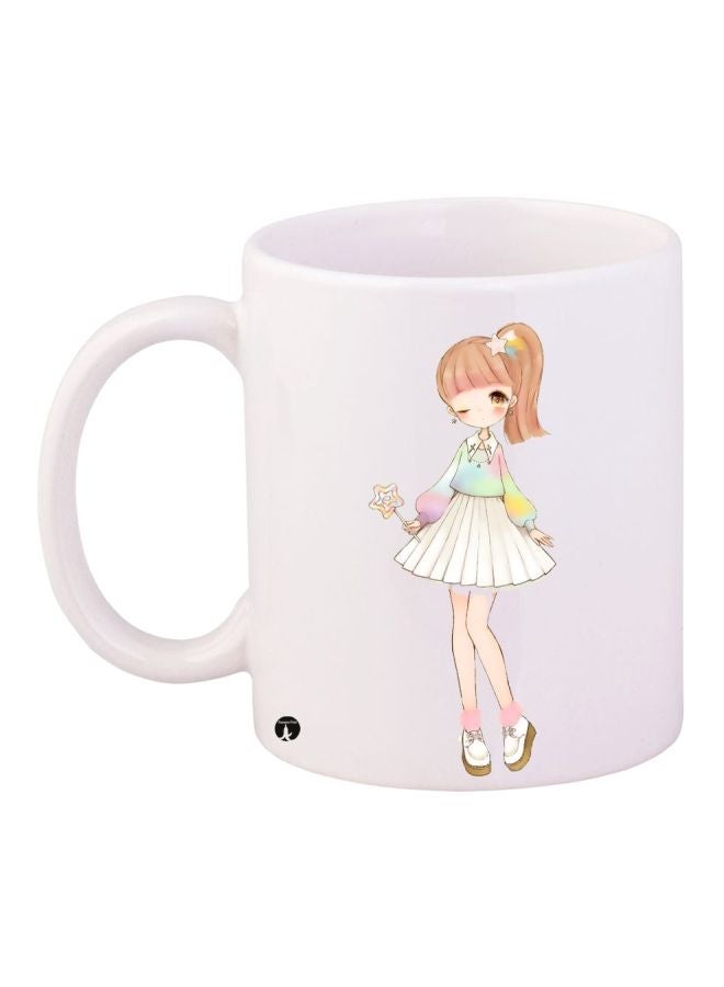 RYN Cartoon Girl Printed Coffee Mug White/Brown/Beige 11ounce