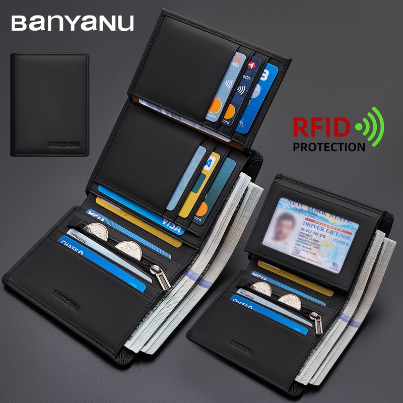 بانيانو محفظة جواز سفر من الجلد الطبيعي مزودة بتقنية RFID مضادة للسرقة وجيب مخفي بسحاب - حافظة فاخرة واقية، هدية مثالية (أسود) - Image 4