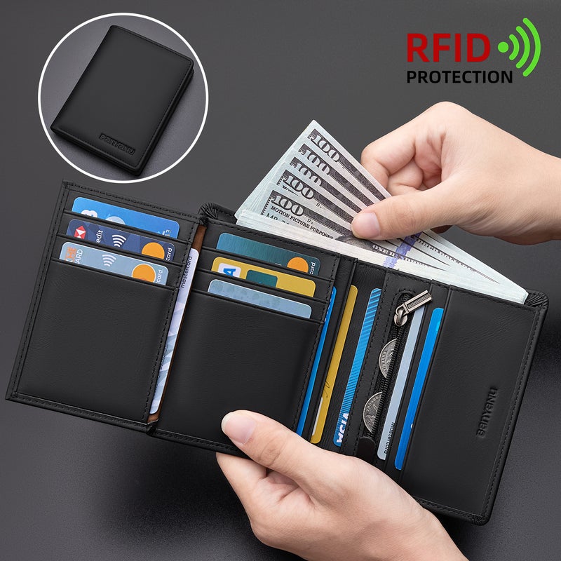 بانيانو محفظة جواز سفر من الجلد الطبيعي مزودة بتقنية RFID مضادة للسرقة وجيب مخفي بسحاب - حافظة فاخرة واقية، هدية مثالية (أسود) - Image 2
