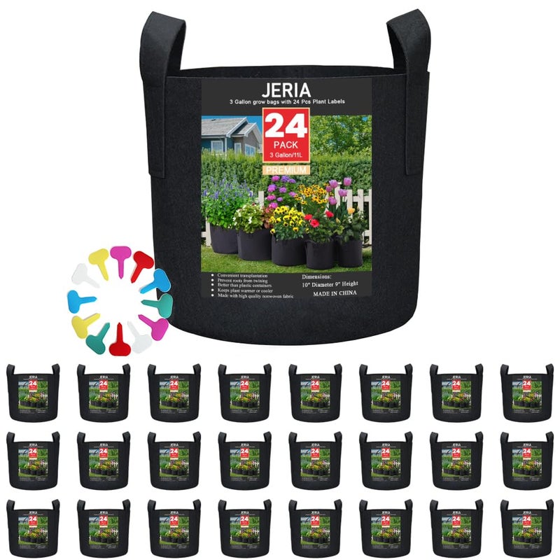 JERIA 24-Pack 3 Gallon Nonwoven Grow Bags, Plant Grow Bagsï¼ŒHeavy Duty Aeration Fabric Pots with Durable Handles, Come with 24 Pcs Plant Labels - Image 1