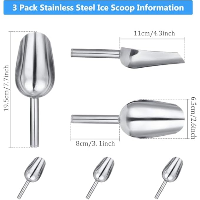 ريحني مجموعة مغرفة الثلج 3 قطع من الفولاذ المقاوم للصدأ من الفولاذ المقاوم للصدأ أداة مغرفة الطعام لحلوى مكعب ثلج طعام جاف دقيق فشار 8910 بوصة - Image 4