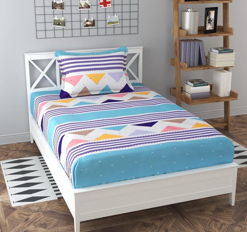KAWI Single Bedsheet Elastic Fitted Geometric 72X48X6 Inches Glace Cotton with 1 Pillow Cover (72"X 48"Xup to 8 Inche Mattress) Firozi Colour, 200 TC, Small_Single - Image 4