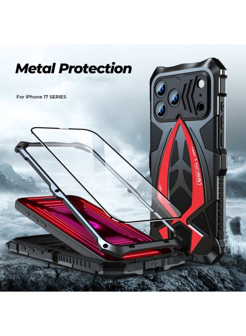 Adando Metal Case for iPhone 17 Pro Max, Heavy Duty Mil-Aluminum Metal Shockproof  Full Body Protection Cover (Black Red) - Image 3