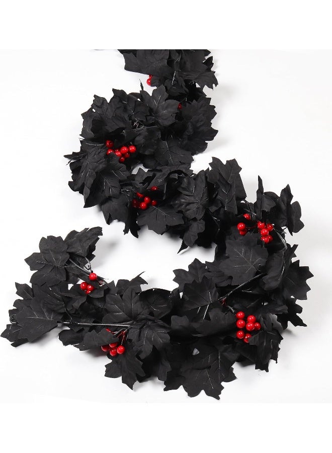 RECUTMS Black Maple Leaf Garland, Red Berry Garland, Black Berry Garland Fall Decor Artificial Fall Garland Halloween Black Garlands for Thanksgiving Home Fireplace Dinner Autumn Party Decoration(Red Berry)  - Image 1
