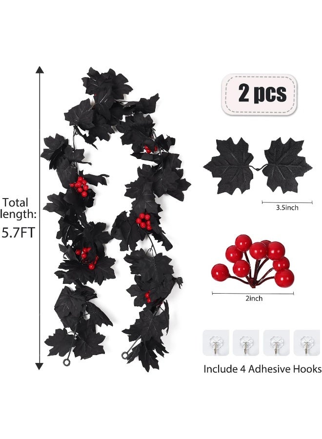 RECUTMS Black Maple Leaf Garland, Red Berry Garland, Black Berry Garland Fall Decor Artificial Fall Garland Halloween Black Garlands for Thanksgiving Home Fireplace Dinner Autumn Party Decoration(Red Berry)  - Image 2