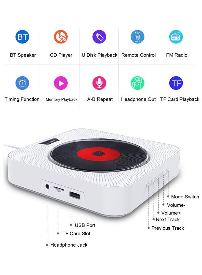 NIBEMINENT Wall Mounted CD Player with Remote Control LU-H634-1 White - Image 5