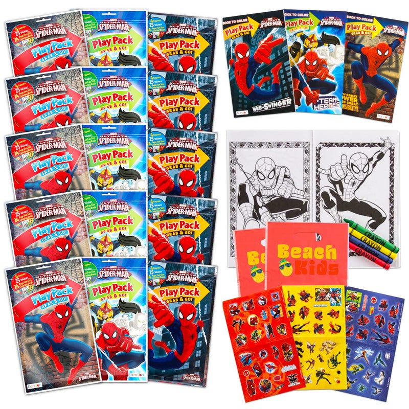Bendon Set Of 15 Spiderman Play Packs Fun Party Favors Coloring Book Crayons Stickers Plus Loot Bags - Image 1