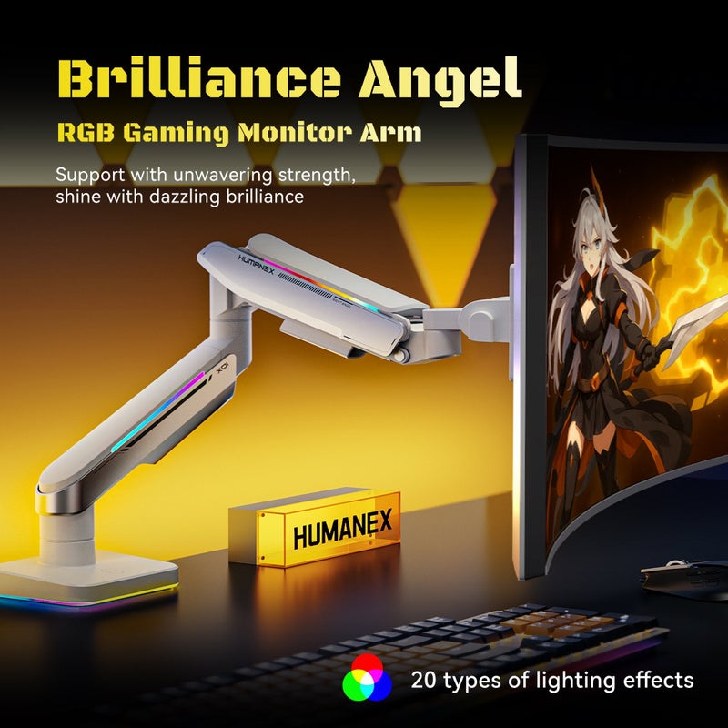 Humanex Gaming Monitor Arm & Single Monitor Stand, Heavy Duty RGB Desk Mount for 17–35″ Screens, Supports up to 18 kg, Full-Motion Tilt, Swivel & 360° Screen Rotation, Brilliance Angel Design with 20 RGB Lighting Modes, VESA 75×75 / 100×100, Built-In Cable Management, C-Clamp & Grommet – Humanex T18-1W, White - Image 2