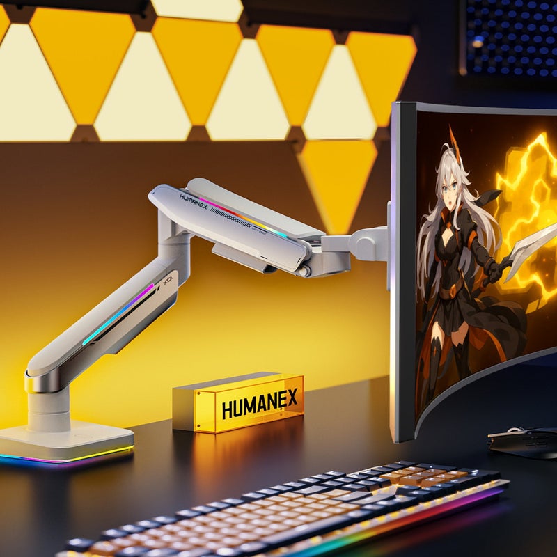 Humanex Gaming Monitor Arm & Single Monitor Stand, Heavy Duty RGB Desk Mount for 17–35″ Screens, Supports up to 18 kg, Full-Motion Tilt, Swivel & 360° Screen Rotation, Brilliance Angel Design with 20 RGB Lighting Modes, VESA 75×75 / 100×100, Built-In Cable Management, C-Clamp & Grommet – Humanex T18-1W, White - Image 3