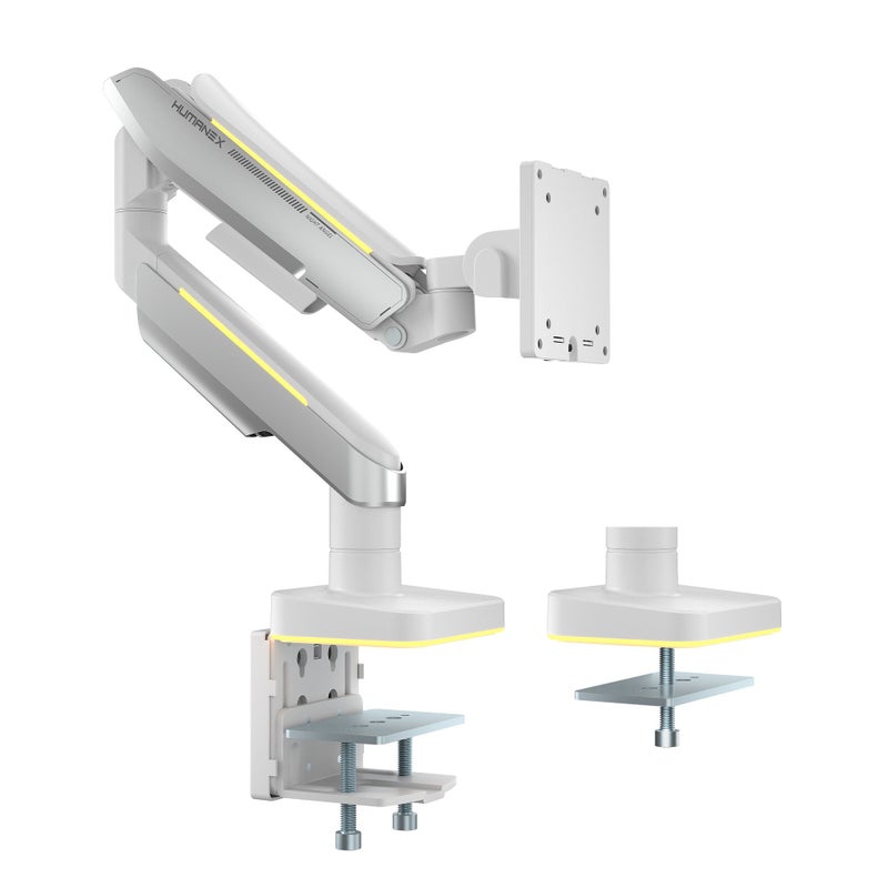 Humanex Gaming Monitor Arm & Single Monitor Stand, Heavy Duty RGB Desk Mount for 17–35″ Screens, Supports up to 18 kg, Full-Motion Tilt, Swivel & 360° Screen Rotation, Brilliance Angel Design with 20 RGB Lighting Modes, VESA 75×75 / 100×100, Built-In Cable Management, C-Clamp & Grommet – Humanex T18-1W, White - Image 1