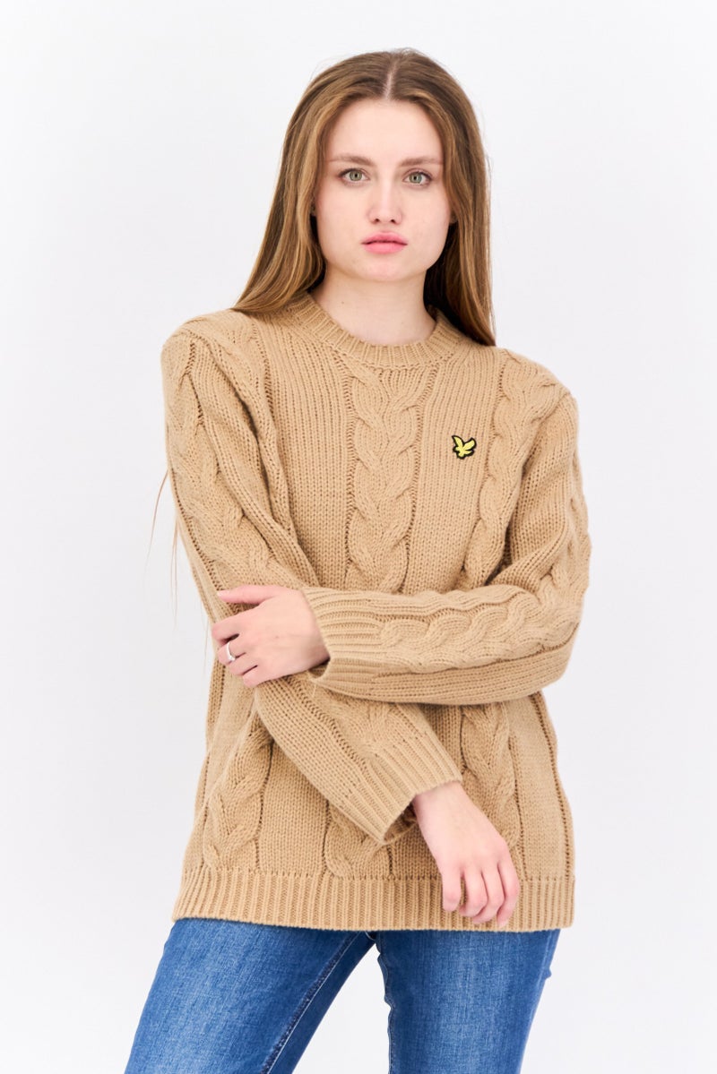Lyle & Scott Women Crew Neck Long Sleeve Knitted Sweater, Tan  - Image 1