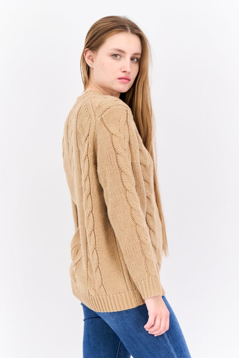 Lyle & Scott Women Crew Neck Long Sleeve Knitted Sweater, Tan  - Image 3