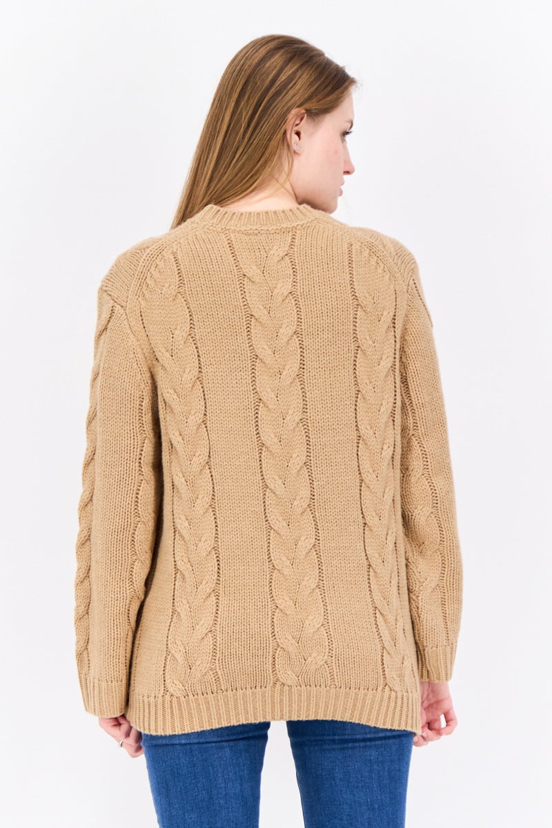 Lyle & Scott Women Crew Neck Long Sleeve Knitted Sweater, Tan - Image 2