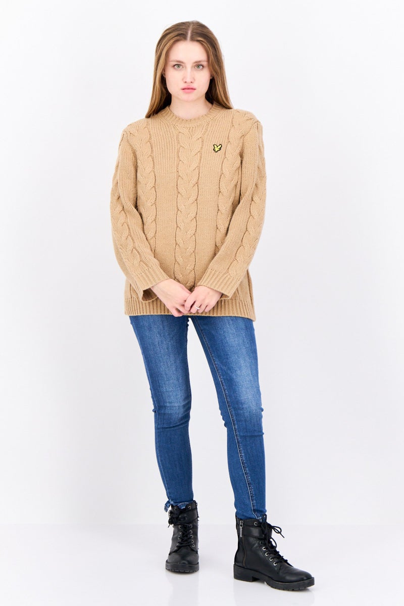 Lyle & Scott Women Crew Neck Long Sleeve Knitted Sweater, Tan - Image 4