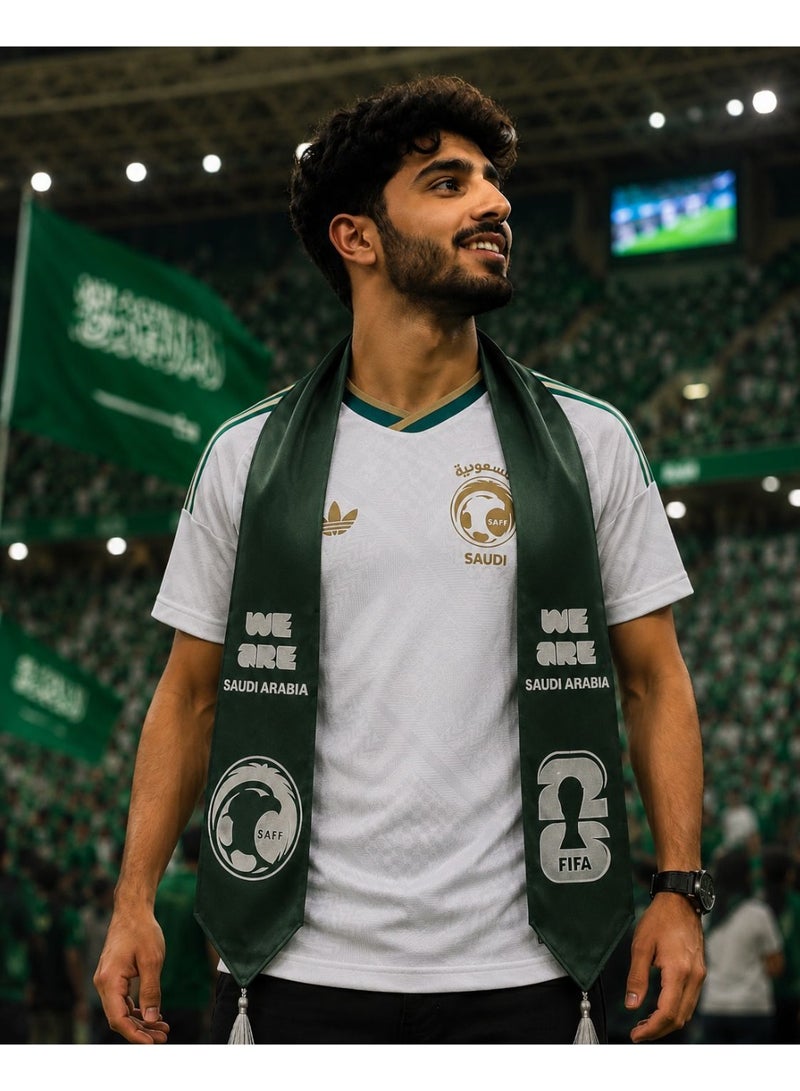 Green Satin Scarf Printed with Saudi National Football Team and FIFA World Cup 2026 Logos