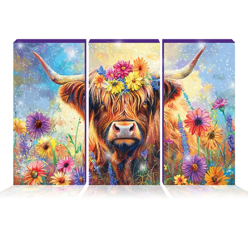 ArtSkills Diamond Painting Kit, Diamond Art Ready to Hang Framed Canvas with Storage and Accessory Kit, Highland Cow, 3 Stretched Canvas Panels, 14â€ x 7â€ Each - Image 2