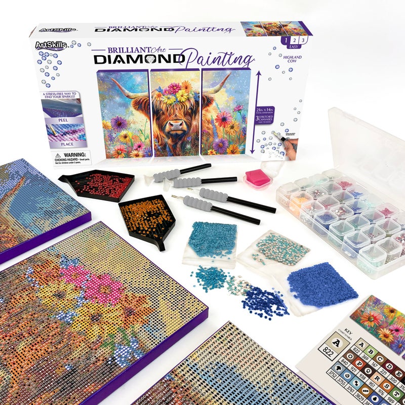 ArtSkills Diamond Painting Kit, Diamond Art Ready to Hang Framed Canvas with Storage and Accessory Kit, Highland Cow, 3 Stretched Canvas Panels, 14â€ x 7â€ Each - Image 1