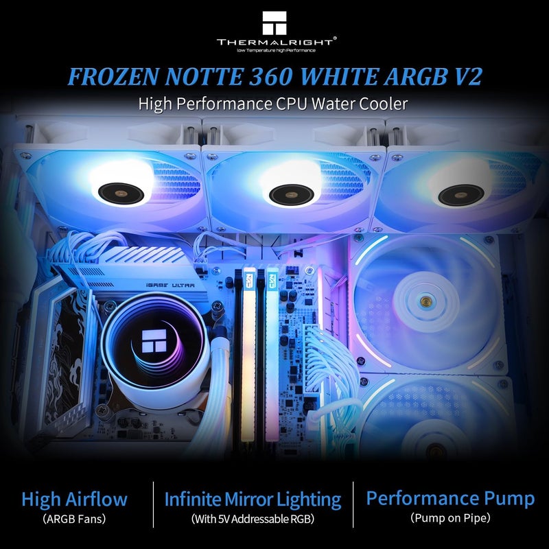 Thermalright Frozen Notte 360 White ARGB Water Cooling CPU Cooler, 360 CPU Cooler Specifications, 3×120mm PWM Fans, S-FDB V2 Bearings, Suitable for AMD/AM4, Intel LGA 1700/1150/1151/1200/2011/2066 - Image 2