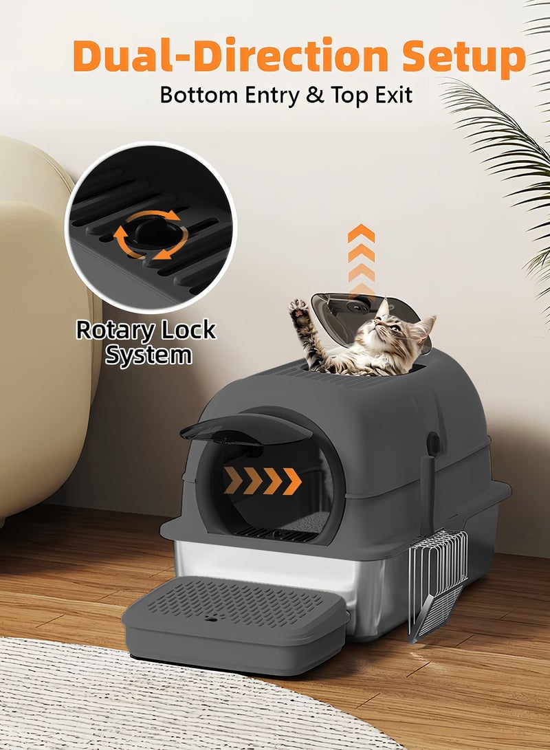 كيدل صندوق قمامة قطط من الفولاذ المقاوم للصدأ مع درجات ومغرفة وجوانب عالية صندوق قمامة قطط معدني مع غطاء سهل التنظيف غير لاصق ومضاد للتسرب - Image 2