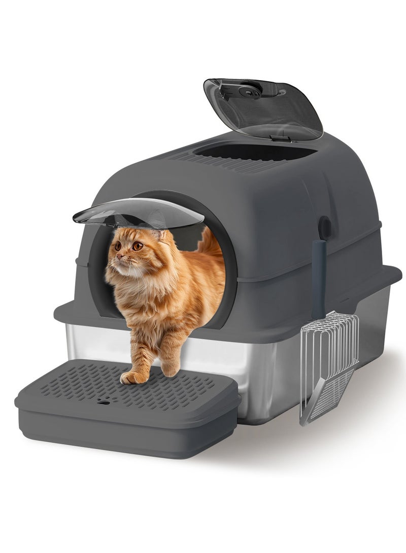 كيدل صندوق قمامة قطط من الفولاذ المقاوم للصدأ مع درجات ومغرفة وجوانب عالية صندوق قمامة قطط معدني مع غطاء سهل التنظيف غير لاصق ومضاد للتسرب - Image 1