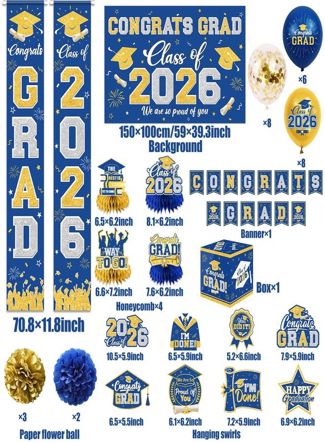 YTGUVBK Graduation Decorations Class of 2026 Blue and Gold Graduation Decorations with Congrats Grad Banner,Backdrop,Porch Sign,Balloons,Hanging Swirls,Honeycomb Centerpieces,Box for Graduation Party Supplies - Image 5