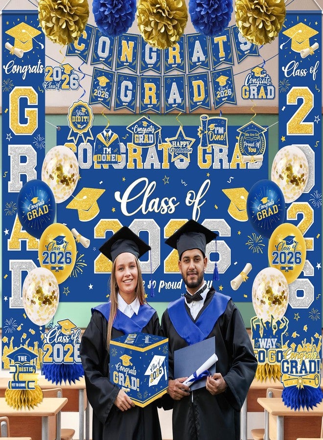 YTGUVBK Graduation Decorations Class of 2026 Blue and Gold Graduation Decorations with Congrats Grad Banner,Backdrop,Porch Sign,Balloons,Hanging Swirls,Honeycomb Centerpieces,Box for Graduation Party Supplies - Image 2