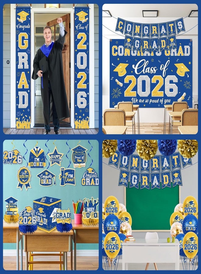 YTGUVBK Graduation Decorations Class of 2026 Blue and Gold Graduation Decorations with Congrats Grad Banner,Backdrop,Porch Sign,Balloons,Hanging Swirls,Honeycomb Centerpieces,Box for Graduation Party Supplies - Image 4