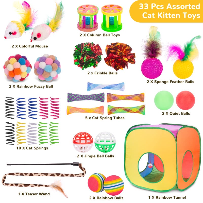 Retro Shaw Cat Toys, 33Pack, Interactive Kitten Toys for Indoor Cats Kitty with Collapsible Cat Tunnel Tube Tent Feather Wand Teaser Bell Fuzzy Pompom Crinkle Ball Springs Mice Toys - Image 4
