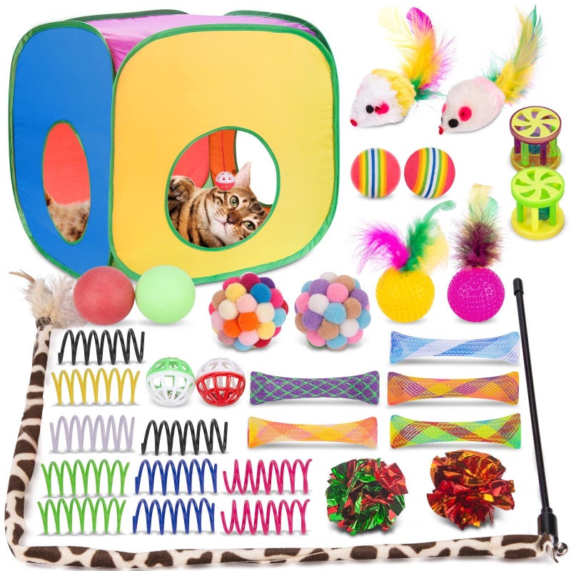 Retro Shaw Cat Toys, 33Pack, Interactive Kitten Toys for Indoor Cats Kitty with Collapsible Cat Tunnel Tube Tent Feather Wand Teaser Bell Fuzzy Pompom Crinkle Ball Springs Mice Toys - Image 1