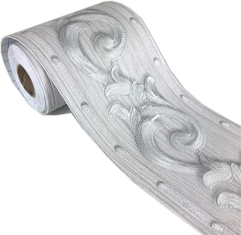 REDODECO Elegant Silver Grey Floral Molding Wallpaper Border Peel Stick Home Ceiling Decorative Border for Bathroom Living Room Kitchen 4inch by 16.4ft - Image 1