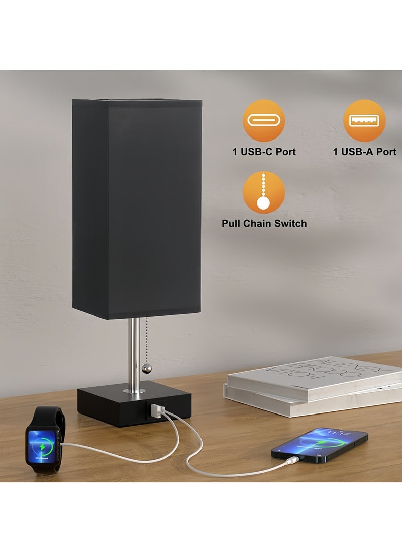 OHAHO - Black Bedroom Table Lamp - Bedside Lamps for Nightstand, Minimalist Pull Chain Lamps with USB A and C Charging Ports, Desk Lamps for Dorm Kids Room（Gifts included：Three-color corn light bulb） - Image 1