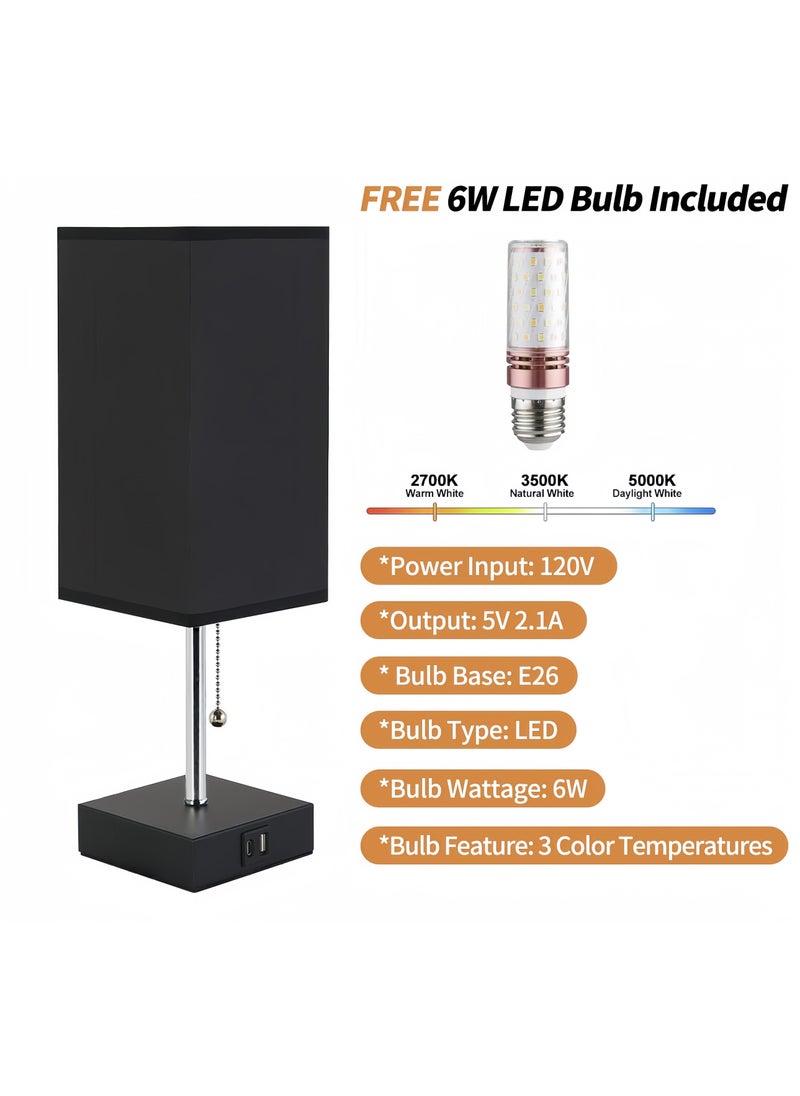 OHAHO - Black Bedroom Table Lamp - Bedside Lamps for Nightstand, Minimalist Pull Chain Lamps with USB A and C Charging Ports, Desk Lamps for Dorm Kids Room（Gifts included：Three-color corn light bulb） - Image 1