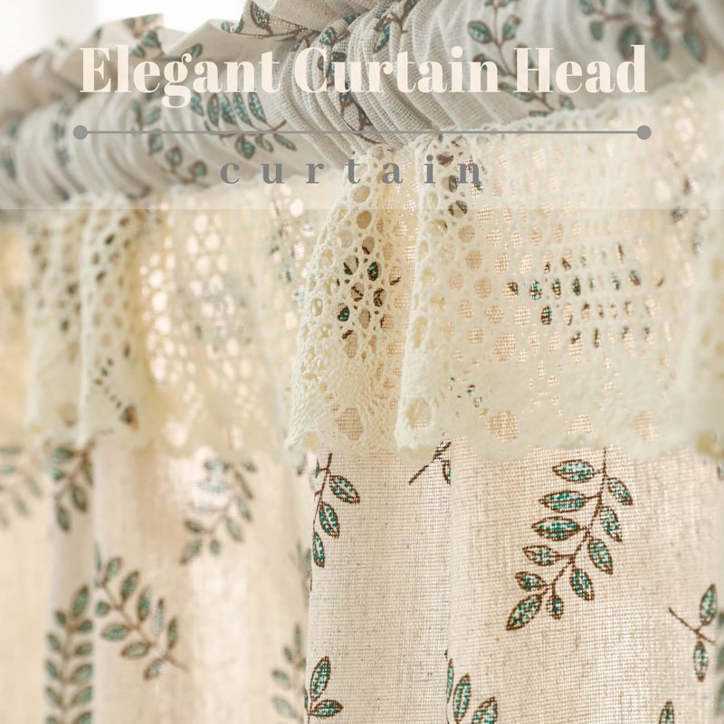 Moslovstar Beige Kitchen Curtain 36 Inch Length 1 Piece Cafe Curtain Tier Linen Textured Semi Sheer Farmhouse Short Curtains for Small Window, Green Leaves - Image 3