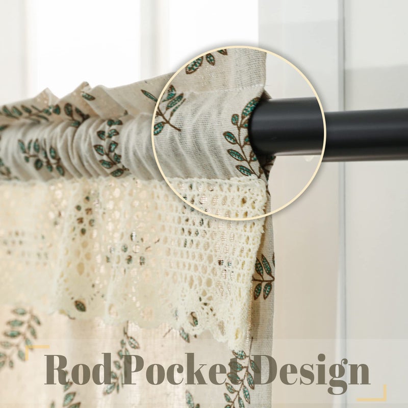 Moslovstar Beige Kitchen Curtain 36 Inch Length 1 Piece Cafe Curtain Tier Linen Textured Semi Sheer Farmhouse Short Curtains for Small Window, Green Leaves - Image 4