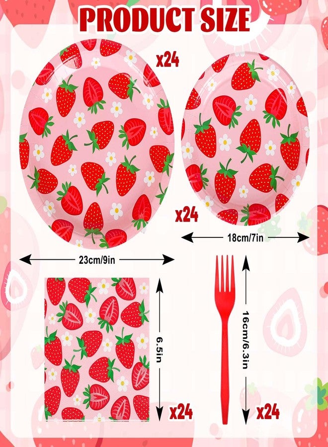 Whaline مجموعة أدوات المائدة من واهلين 96 قطعة - زينة حفلات الفواكه اللطيفة - أطباق ورقية disposable حمراء وردية، مناديل وشوك لـ 24 ضيف في حفلات الزفاف، أعياد الميلاد، وحفلات استقبال المواليد. - Image 2