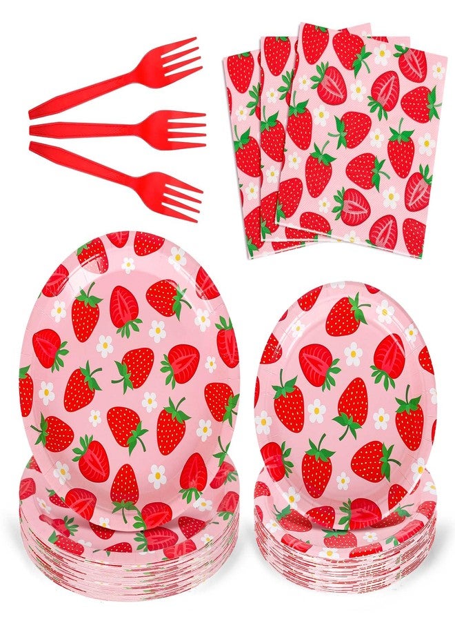 Whaline مجموعة أدوات المائدة من واهلين 96 قطعة - زينة حفلات الفواكه اللطيفة - أطباق ورقية disposable حمراء وردية، مناديل وشوك لـ 24 ضيف في حفلات الزفاف، أعياد الميلاد، وحفلات استقبال المواليد. - Image 1