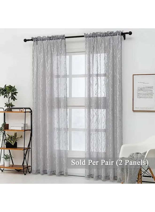 Gray Embroidered Branch Pattern 84 Inch Curtains with Silver Leaves Sunlight Filter for Living Room Bedroom - Image 2