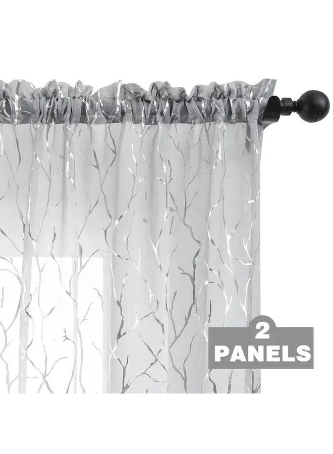 Gray Embroidered Branch Pattern 84 Inch Curtains with Silver Leaves Sunlight Filter for Living Room Bedroom - Image 1